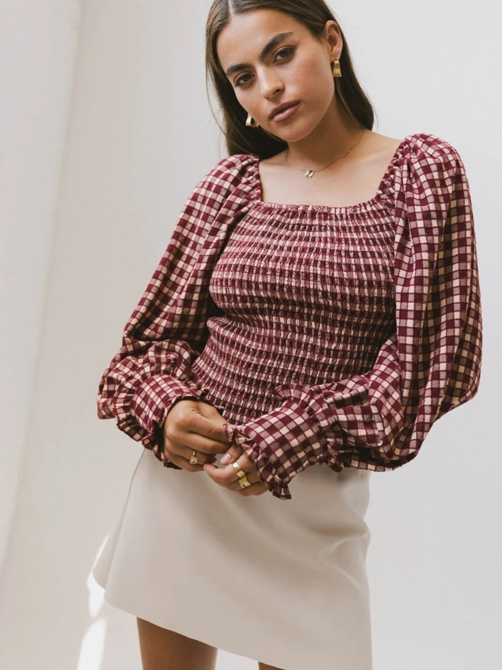 Smocked Square-Neck Plaid Blouse in Burgundy